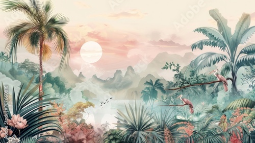Retro tropical mural photo wallpaper jungle and graceful leaves tropical forest vintage background graphics painting art card poster print interior