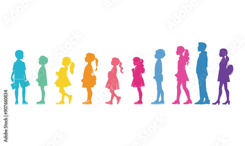 Children growth stages silhouettes colorful gradient. Boys girls standing line order toddlers teenagers isolated white background. Ages progression young kids adolescents various clothing