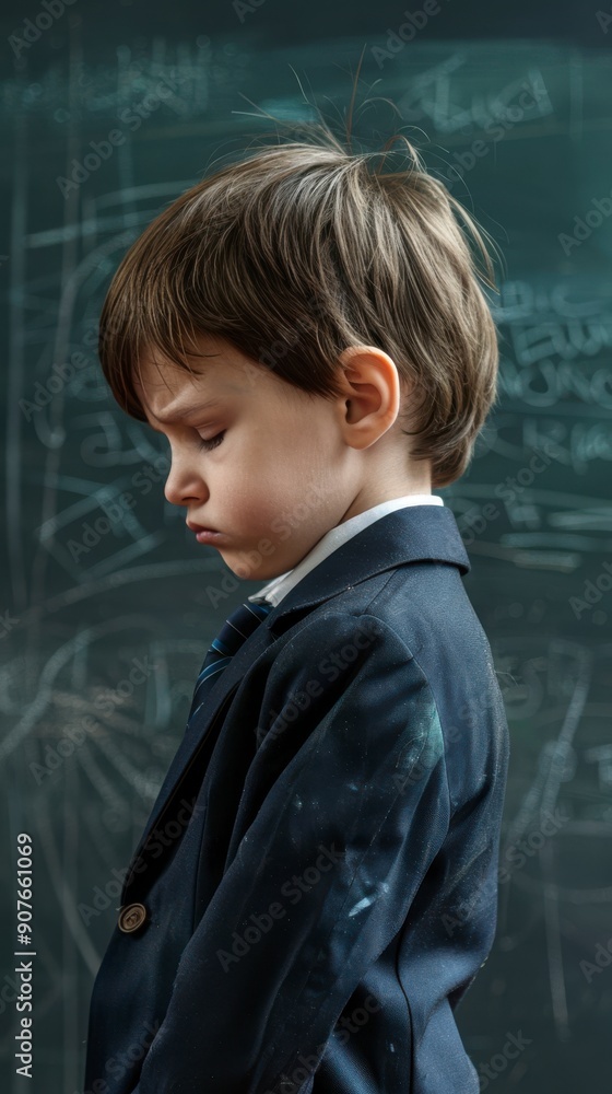 A young boy stands quietly in a classroom, looking down with a thoughtful expression A young boy stands quietly in a classroom, looking down with a thoughtful expression