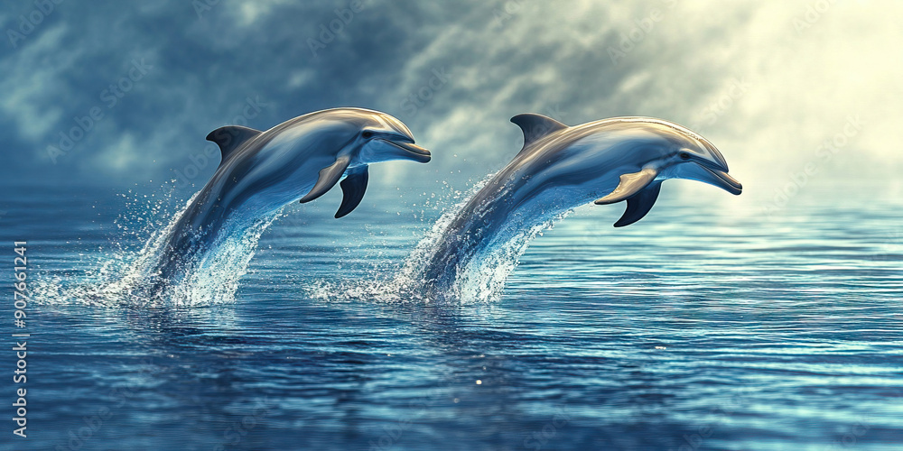 Fototapeta premium Oceanic Grace: A lone dolphin soars through the sparkling sea, its sleek body glistening in the sun