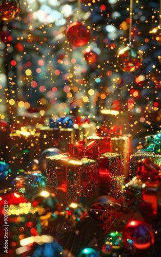 A festive display of colorful decorations and gifts, perfect for celebrating the joy of the holiday season with sparkling lights.