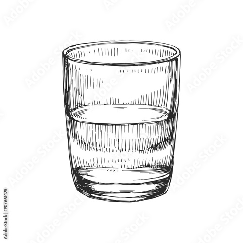Vector hand-drawn vintage illustration of a glass of water in the style of an engraving. A sketch of a tumbler half filled with liquid