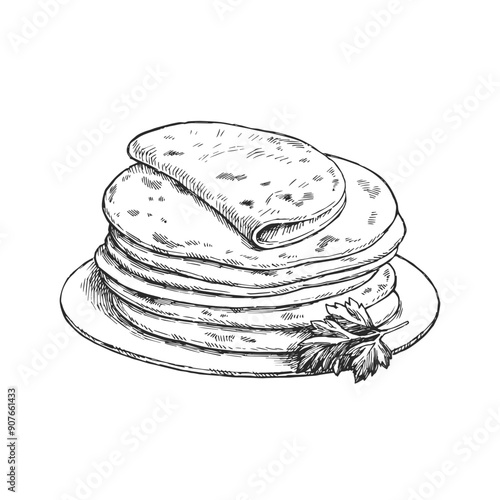 Vector hand-drawn illustration of fresh tortillas isolated on a white background. A sketch of a national Mexican dish in the style of an engraving.
