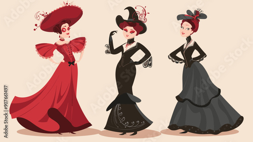 Elegant women adorned Victorian dresses display rich array classic fashion. Victorian style emphasizes elaborate hats, puffed sleeves, elegant lace details, femininity. Sophisticated dresses blend