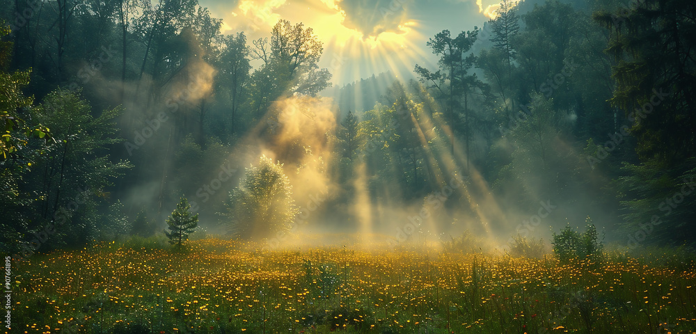 Thick fog hangs over the meadow in the forest, with the sun's rays breaking through. Thick fog hangs over the meadow in the forest, with the sun's rays breaking through.