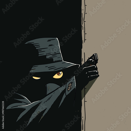 Mysterious figure wearing dark coat gripping handgun while hiding behind corner, vigilant eyes. Character under shadowy black hat mask, intense stare, artwork dark neutral tones. Noir style