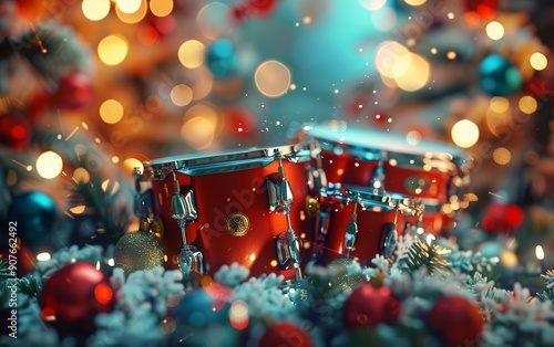 A festive scene featuring vibrant red drums amidst colorful Christmas ornaments and soft snow, evoking holiday cheer and rhythm.