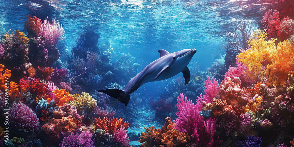 Dolphin's Domain: A stunning underwater scene with dolphins swimming amongst colorful coral reefs Dolphin's Domain: A stunning underwater scene with dolphins swimming amongst colorful coral reefs