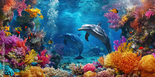 Dolphin's Domain: A stunning underwater scene with dolphins swimming amongst colorful coral reefs