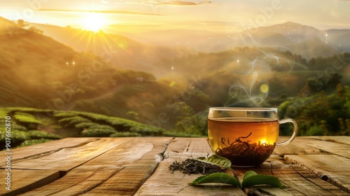 Wallpaper Mural Steaming Cup of Tea on Wooden Table at Sunrise in Scenic Mountain Landscape Torontodigital.ca