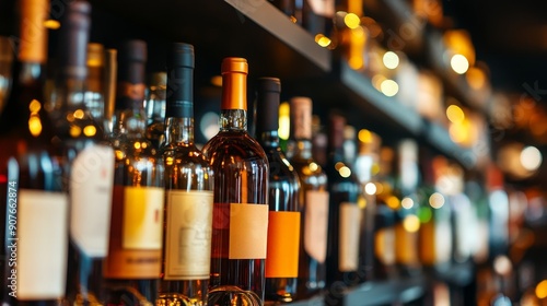 A variety of liquor bottles lined up on a bar shelf. photo