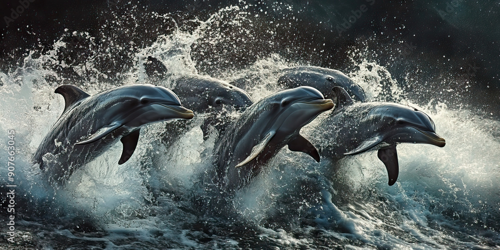 Obraz premium Flipper's Paradise: A pod of dolphins breaches the surface in unison, spraying water into the air