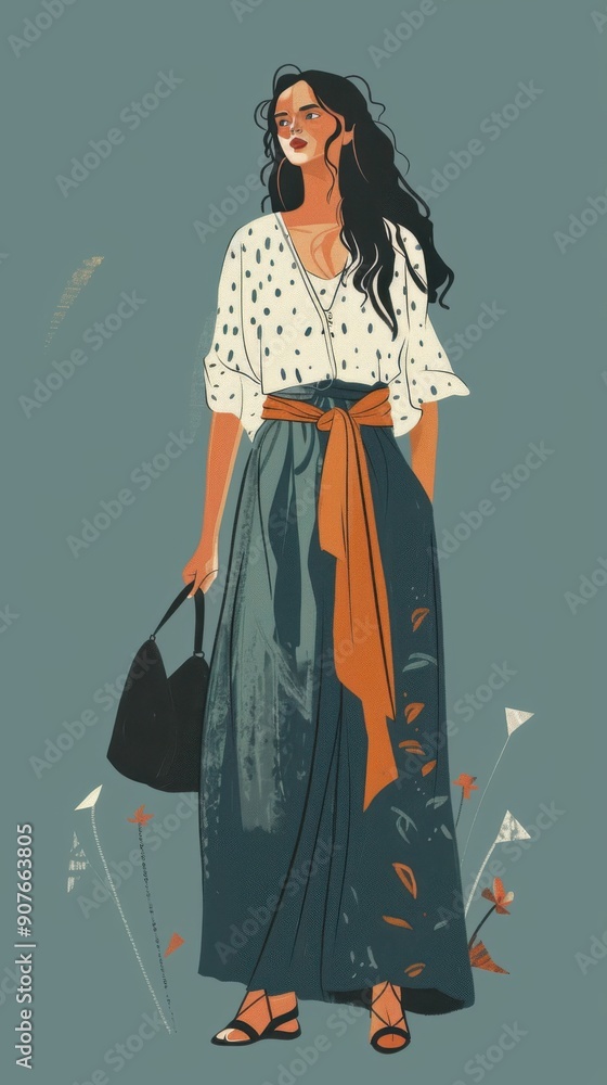 Fototapeta premium Minimalism illustration, portrait of a Middle Eastern woman, wearing a boho blouse with a long skirt and a large handbag, standing with her arms relaxed by her sides, empty copy space, boho woman 