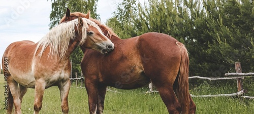 A heavy draft horse, horses with foals grazing in a meadow. A beautiful animal in the field in summer. A herd of horses in nature. Banner.