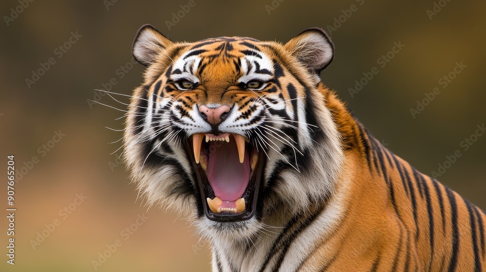 Fototapeta premium Fierce tiger roaring in the wild, showing sharp teeth.