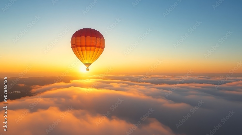 Obraz premium Hot air balloon above the clouds at sunrise or sunset.