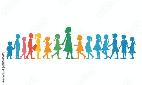 Scene Children walking, holding hands, single file line, behind adult female who appears be guiding them. Clothing children varies dresses, shorts, shirts. Silhouettes colorful rainbow palette