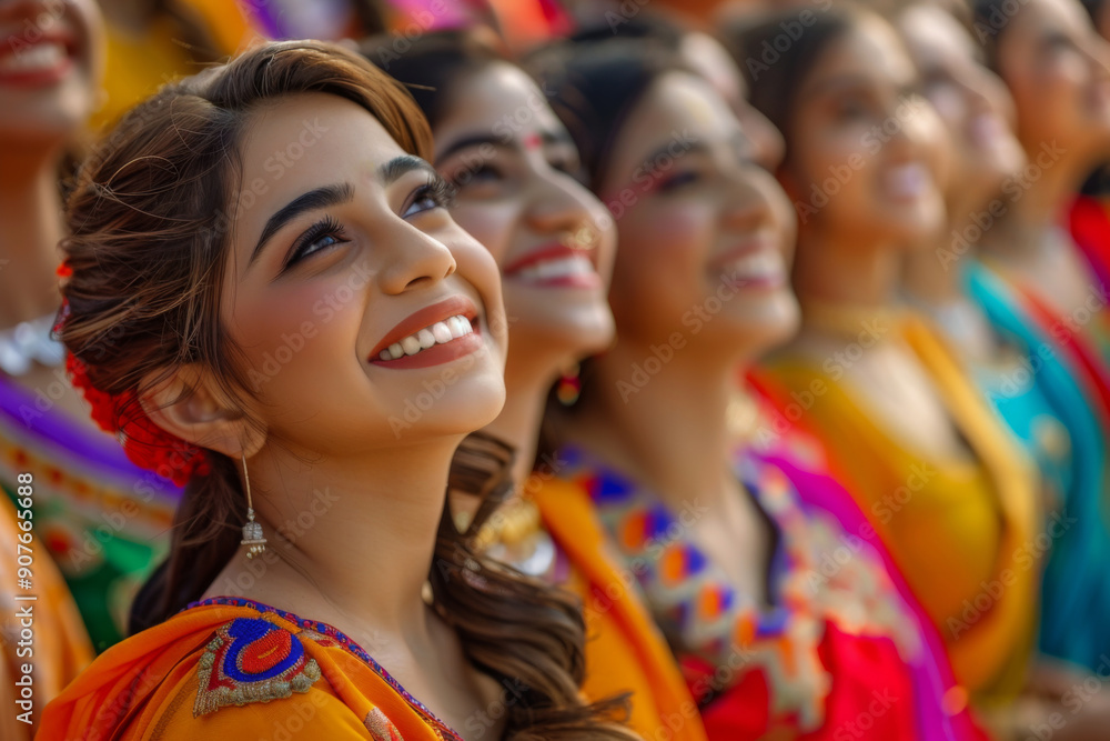 A group of young Indian women with smiling faces looking up A group of young Indian women with smiling faces looking up