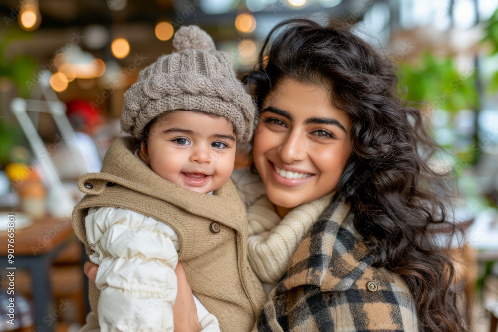 A joyful young mother of Indian ethnicity and her child wearing winter clothing in the outdoor A joyful young mother of Indian ethnicity and her child wearing winter clothing in the outdoor