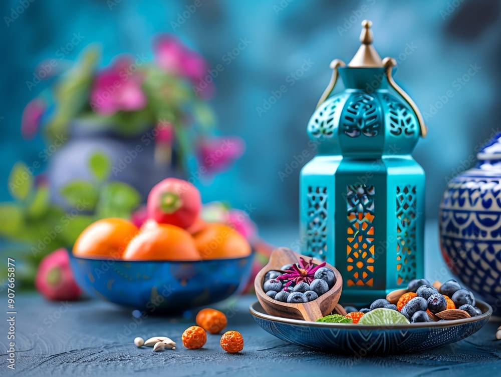 Fototapeta premium Detailed view of Ramadan cultural expressions, including handcrafted decorations and traditional foods, reflecting the depth of Islamic heritage