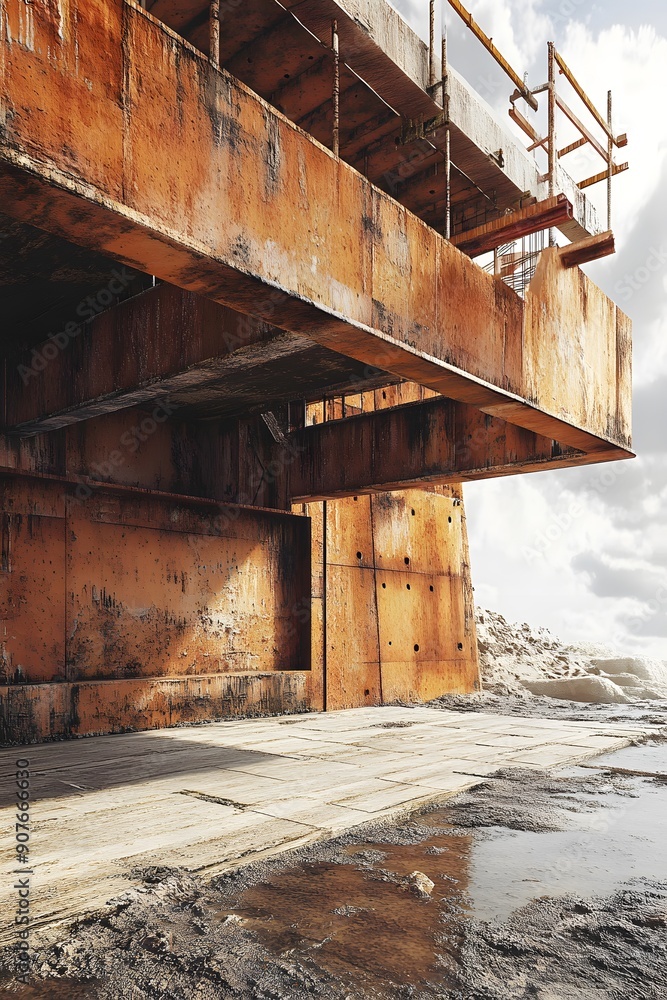 Fototapeta premium Rusty industrial structure overlooking a weathered landscape under soft, diffused light