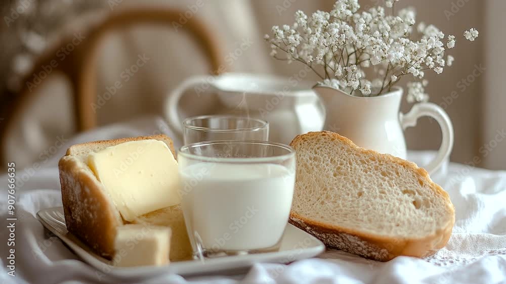 In the morning at the breakfast table, with a glass of milk, fresh bread, butter, a small white vase with small flower Seamless looping 4k time-lapse animation video background In the morning at the breakfast table, with a glass of milk, fresh bread, butter, a small white vase with small flower Seamless looping 4k time-lapse animation video background
