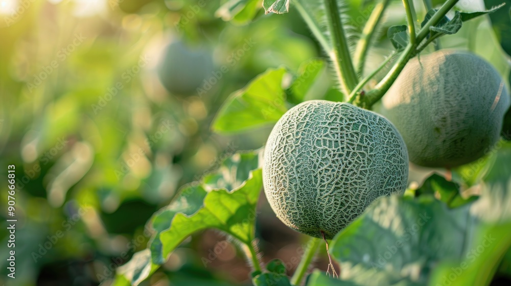 Close up selective focus on growing cantaloupe plant Close up selective focus on growing cantaloupe plant