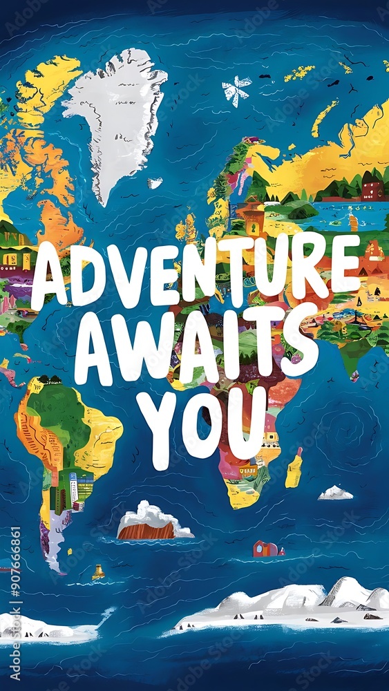 Obraz premium Adventure Awaits You colorful background and text (T-shirt Design Motivational Quote, Illustration ,Typography)