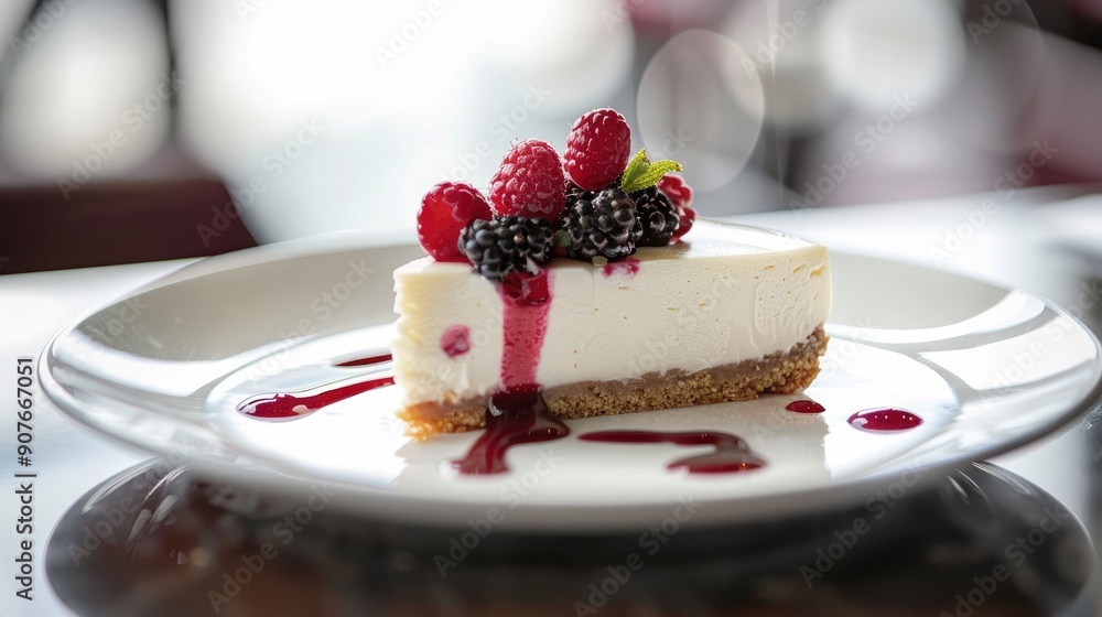 Close up photo of berry cheesecake on white plate for cafe menu showcasing sweet treats and pastries Close up photo of berry cheesecake on white plate for cafe menu showcasing sweet treats and pastries