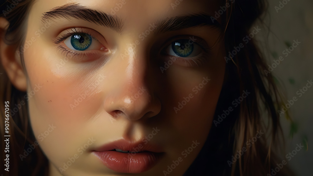 portrait of a woman, Close-Up of Young Woman with Big Blue Eyes portrait of a woman, Close-Up of Young Woman with Big Blue Eyes