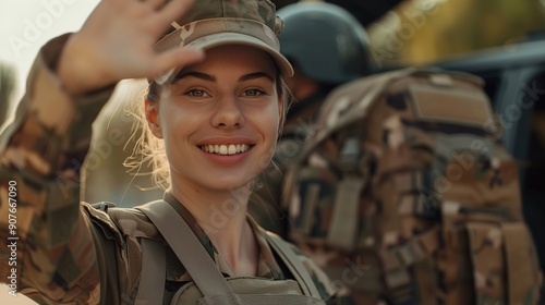 Happy servicewoman waving her hand on her homecoming