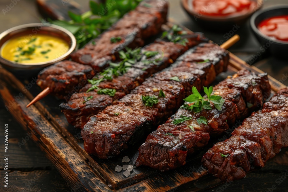 A close-up of a variety of beef snack sticks arranged on a rustic wooden board, with fresh herbs and dipping sauces A close-up of a variety of beef snack sticks arranged on a rustic wooden board, with fresh herbs and dipping sauces