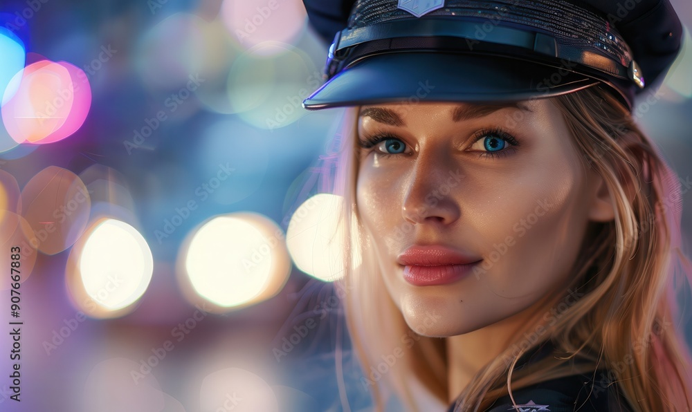 Woman police officer, close-up portrait with city lights. Free copy space for banner. Woman police officer, close-up portrait with city lights. Free copy space for banner.