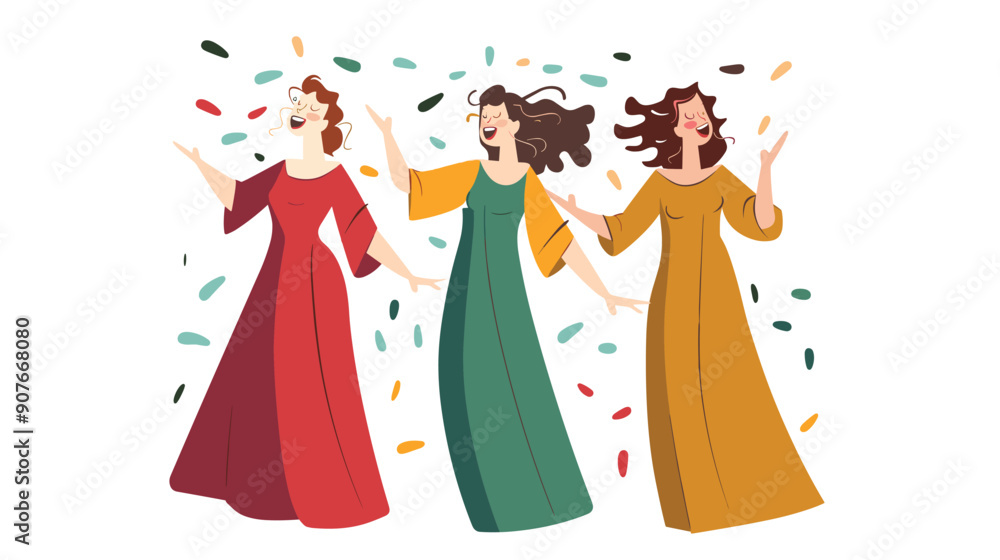 Three women, different ages, happy, wearing long dresses, celebrate isolated white background. Diverse ethnicity, emotions joy, medium length hair, costumes red, green, orange, confetti dance Three women, different ages, happy, wearing long dresses, celebrate isolated white background. Diverse ethnicity, emotions joy, medium length hair, costumes red, green, orange, confetti dance