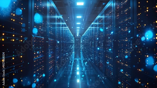 A server room with rows of data servers. Generative AI