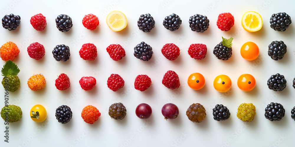 Fruitful Harmony: An array of colorful berries artfully arranged in a pattern on a pristine white table Fruitful Harmony: An array of colorful berries artfully arranged in a pattern on a pristine white table