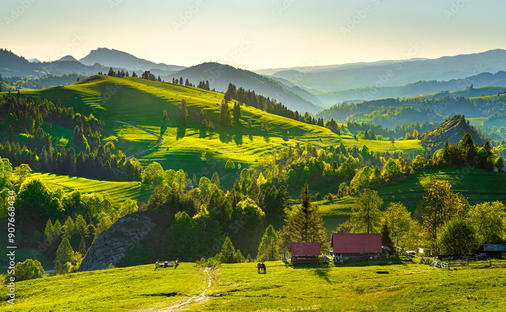 Mountain landscape in the Pieniny National Park at the foot of the Tatra Mountains. Pieniny Park is located on the border of Poland and Slovakia