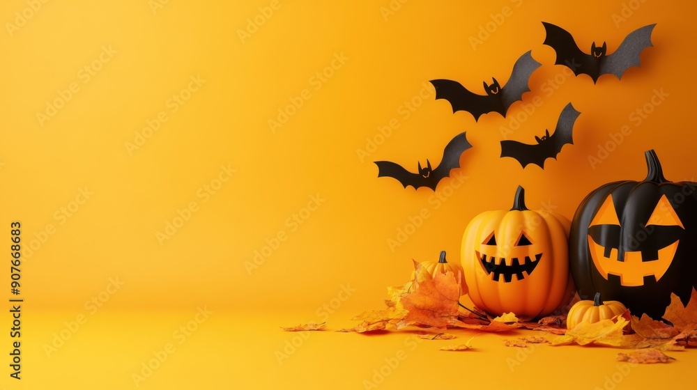 Halloween banner with cute pumpkins and bats featuring ample copy space Halloween banner with cute pumpkins and bats featuring ample copy space