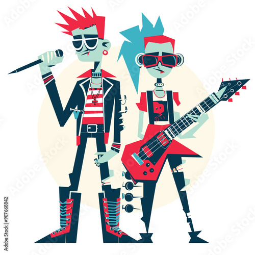 Two punk rock musicians performing, red blue hair, male singer leather jacket striped shirt, female bassist red dress. Young adults, edgy fashion, sunglasses, mohawk hairstyle, microphone electric