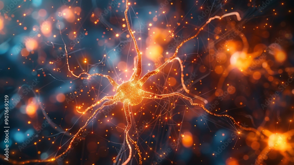 A 3D-rendered visualization of active brain cells, highlighting neural activity A 3D-rendered visualization of active brain cells, highlighting neural activity