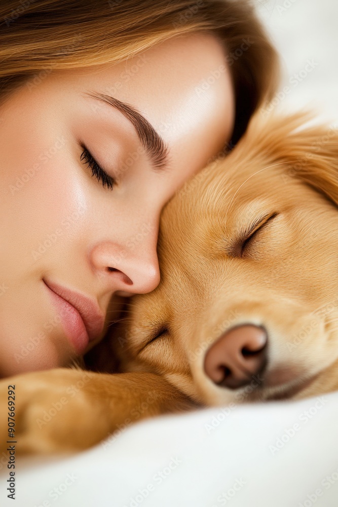 Serene moments of rest: woman and golden retriever share a peaceful nap together Serene moments of rest: woman and golden retriever share a peaceful nap together
