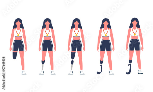 Set of a Paralympic champion with a prosthetic leg. Vector illustration.