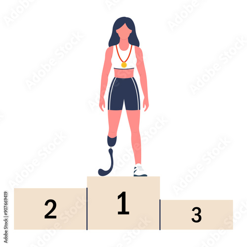 The Paralympic champion won first place on the podium with a prosthetic leg. Vector illustration.