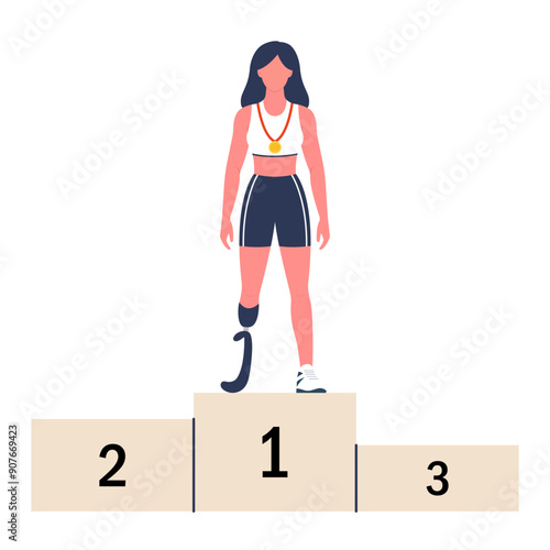 Paralympic champion with a prosthetic leg. First place on the victory podium. Vector illustration.