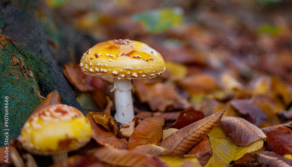 Nature's Beauty: Yellow Mushrooms with White Spots in a Forest of Autumn Leaves