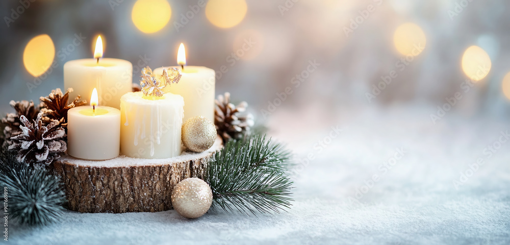 Decoration with candles on a light, plain background with space for an inscription. festive mood, Christmas. Decoration with candles on a light, plain background with space for an inscription. festive mood, Christmas.
