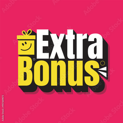 Extra bonus modern typography logo with a happy gift box icon. Extra bonus sticker for social media landing page, template, UI, web, mobile app, poster, banner, flyer. Discount announcement tag