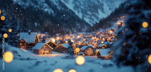 Fototapeta Naklejka Na Ścianę i Meble -  Village in the snowy mountains with Christmas decoration at night.