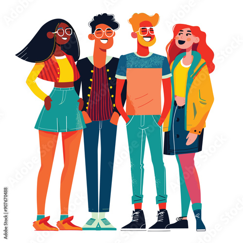 Young friends standing together smiling diverse group casual wear. Cute cartoon characters friendship joy happy youth multiethnic. College students hanging out fun colorful clothes isolated white