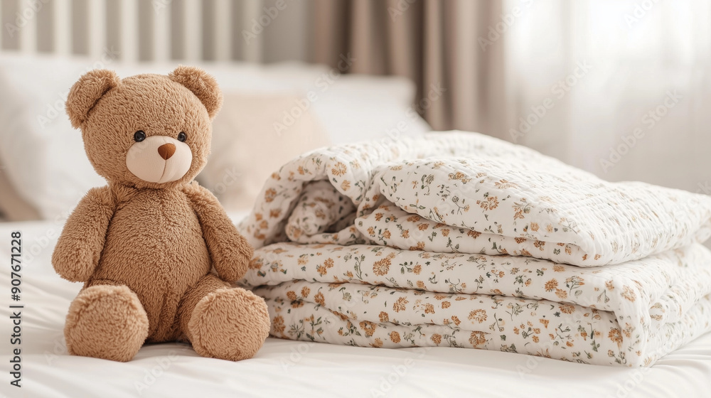 A brown teddy bear sits on a white bed, next to a pile of baby blankets decorated with a floral pattern. A brown teddy bear sits on a white bed, next to a pile of baby blankets decorated with a floral pattern.